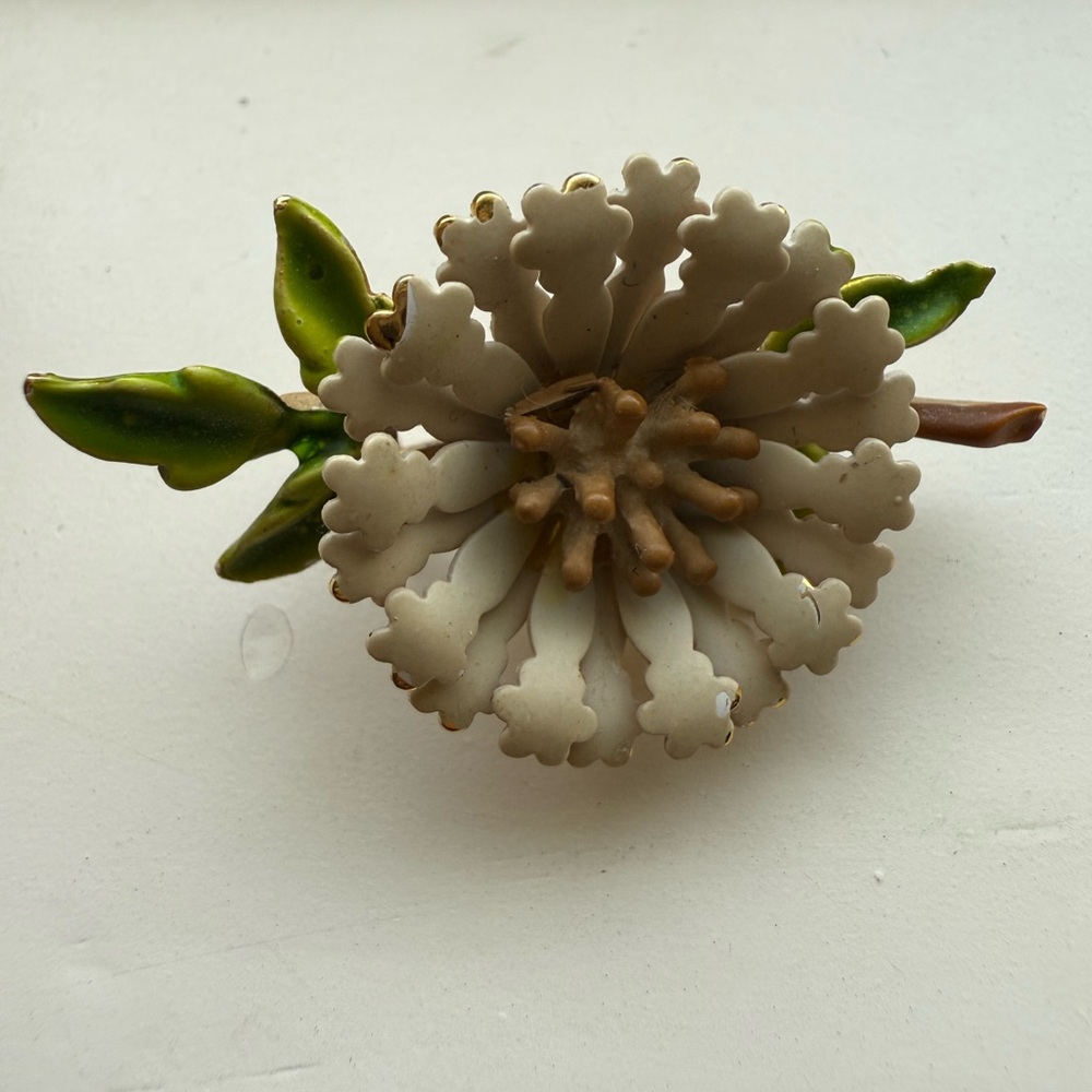 Vintage Enamel Floral Brooch with Green Leaves